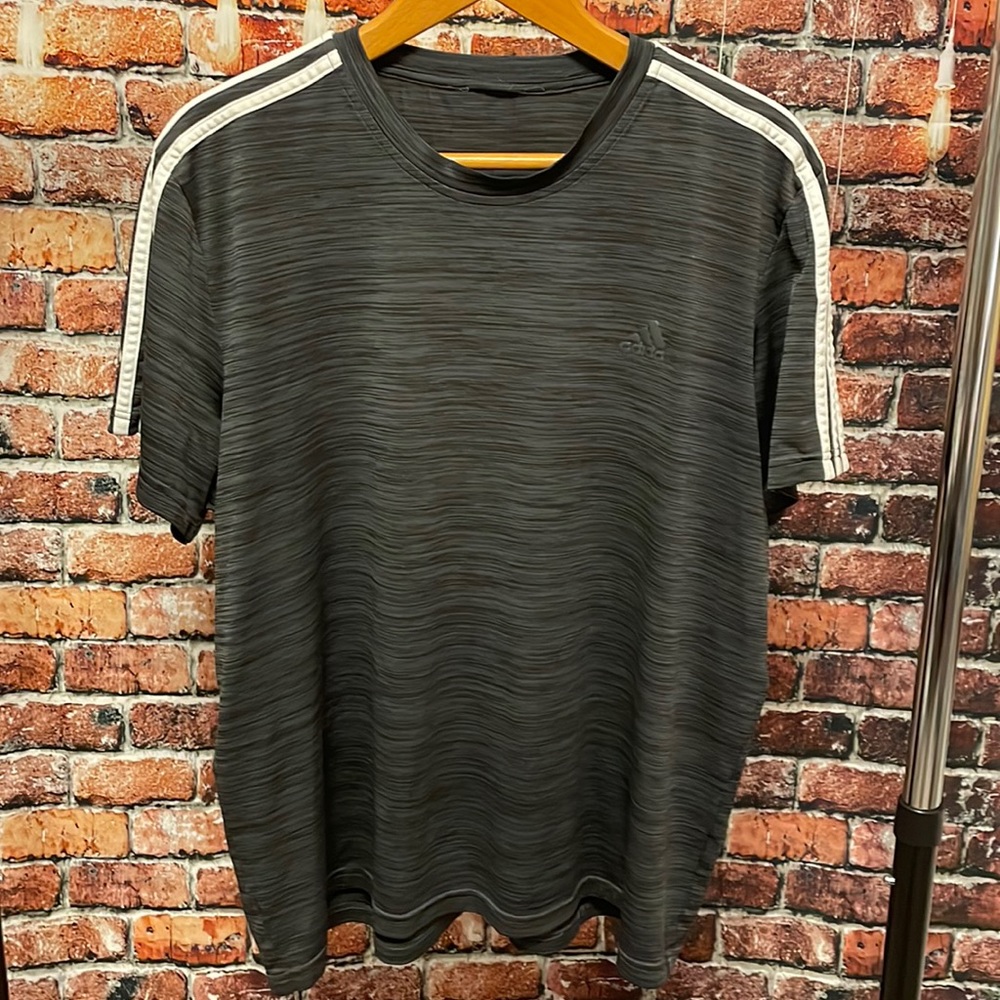 Adidas men’s large grey white three stripe workout teeshirt gym lightweight